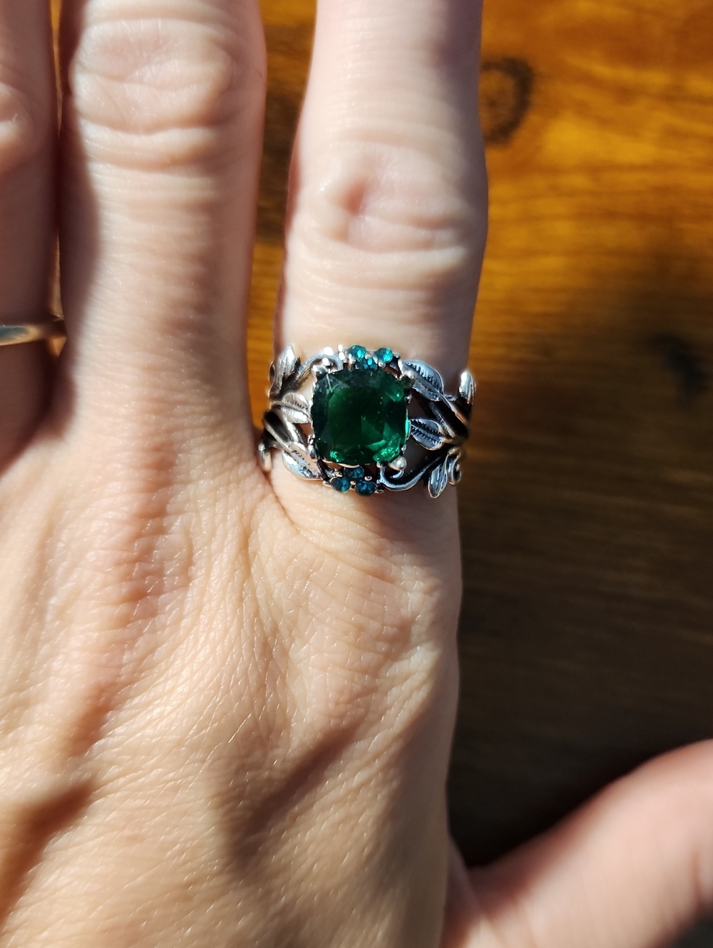 Vintage Gunmetal Ring With Synthetic Emerald - Dainty Black Rose Branch Design,